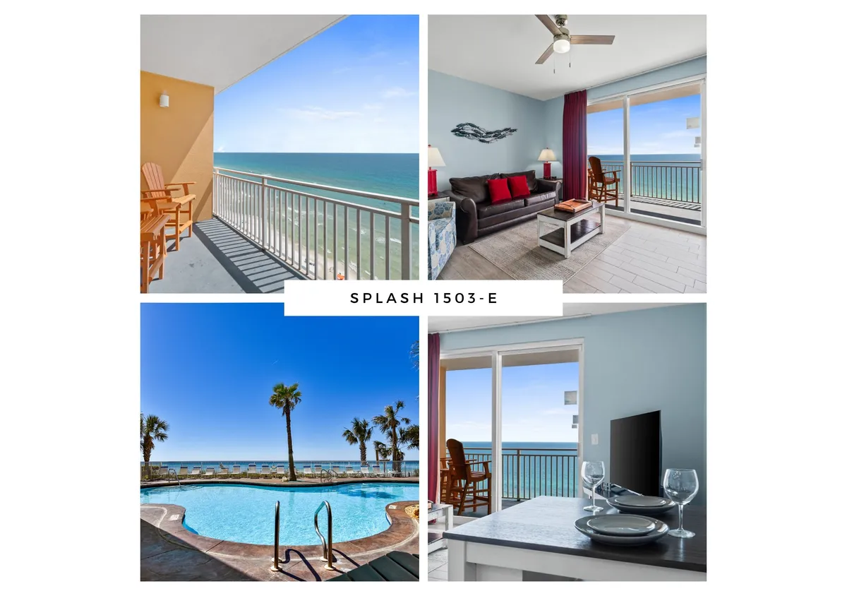 The hero image showcases a sun-drenched private balcony overlooking the sparkling Gulf of Mexico, with inviting outdoor seating perfect for morning coffee. Below, the vibrant pool area beckons for a refreshing swim, while the condo’s bright living space seamlessly transitions to the outdoors, capturing the essence of beachfront relaxation.