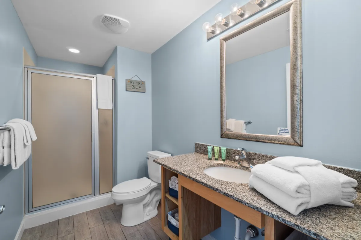 A clean, modern bathroom featuring a granite countertop with sink and toiletries, a framed mirror with lights, a shower enclosure with frosted glass doors, and a white toilet—evoking a sense of freshness and order.